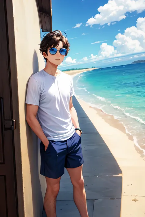 Gojo is wearing casual summer clothing: a white short-sleeved shirt, light blue shorts, and a pair of sunglasses resting on his head. He stands relaxed, with his hands in his pockets, looking out at the vast, beautiful ocean. The expression on his face is ...