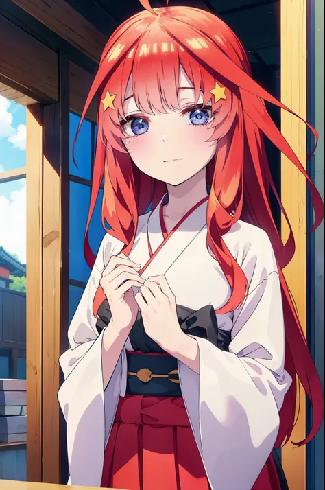 itsukinakano, Itsuki Nakano, bangs, blue eyes, Hair between the eyes, Ahoge, Redhead, star (symbol), hair ornaments, star hair ornaments,happy smile, smile, Close your mouth,
Bellflower,Shrine maiden,white kimono, Red too,kimono, Same as skirt, Wide sleeve...