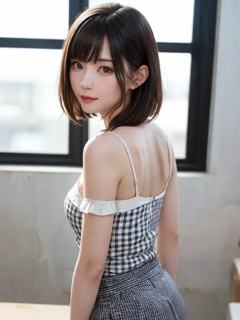 (From the back:1.4、Tabletop:1.4、highest quality:1.4、Best image quality:1.4、Cute beautiful adult woman, Adult smile:1.4、Beautiful Teeth、Lip gloss、Short Brunette Bob、Shiny shiny hair、Has shiny bangs:1.4、bangs:1.4、length, shiny shorthair、length neck:1.4、Show ...