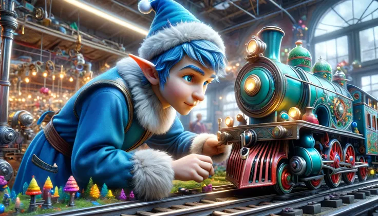 Giant realistic young beardless blue elf fixing a toy train  that has a whole toy factory inside of it. extremely detailed complex,masterpiece,  colorful, hdr, 4k, clean, clear, in focus, photo, photorealistic