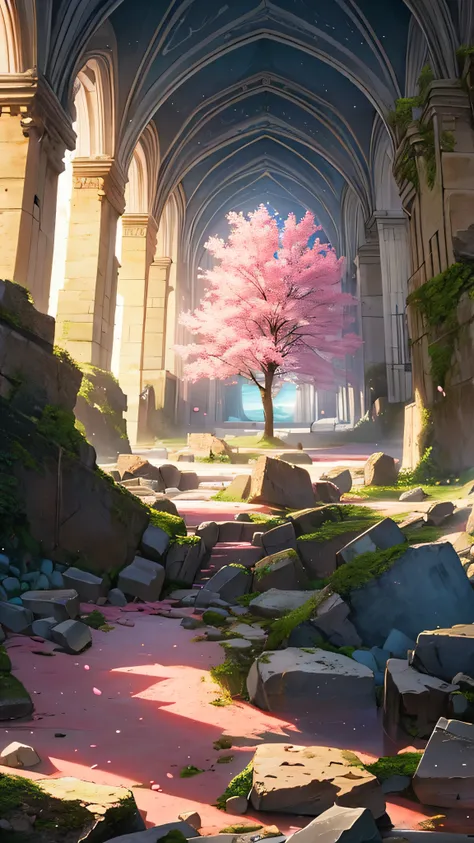 Amazing pink tree on the rocks on the beach, A realistic depiction style of light, aisle, Art inspired by faith, ruins, Light-filled scene, immersive environments, Floral and natural motifs