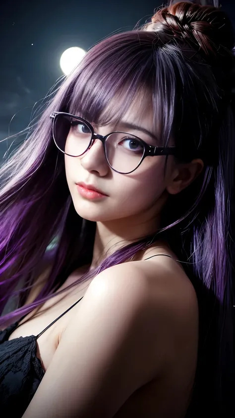 background（Black Night Sky，Big Moon），Woman close up，Wearing a white shirt、Purple Hair，Very long hair，very thick braids，Purple eyes，big ，((((Glasses))))、 realistic girl rendering, 8k artistic german bokeh, Enchanting girl, Real Girls, Gurwitz, Gurwitz-style...