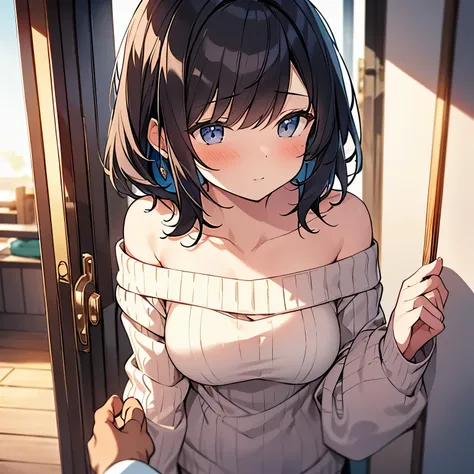 Masterpiece, Top quality, pov,1 beautiful girl, 1girl and 1 boy, (a boy is pinning her against the door :1.2), boys hands, black hair, short hair, wave hair,15 year old, medium breasts, standard weight,  (Off-the-shoulder sweater:1.3), blush :1.5, incoming...