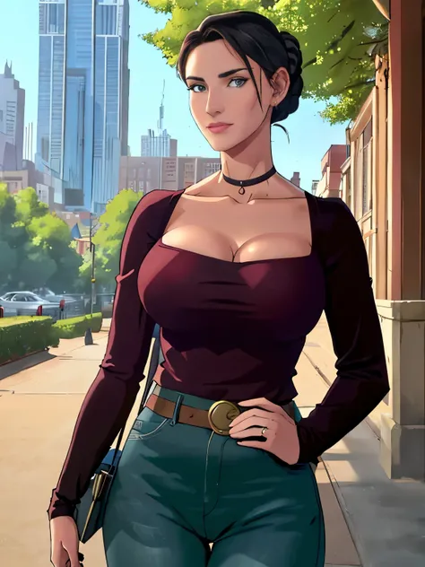 (masterpiece, top quality, best quality, official art, beautiful and aesthetic:1.2), (1girl:1.3), dark brown hair pulled back, elegant updo, extremely detailed, portrait, looking at viewer, facing viewer, solo, (full body:0.6), detailed background, close u...