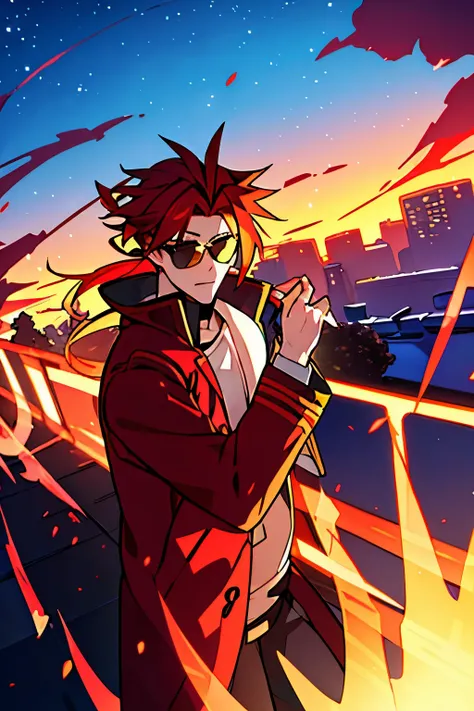 an anime man with red like fire hair, long in a ponytail strong in a read coat, with his ches exposed, with sunglases