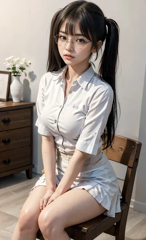 1girl, 18 years old busty woman, low angle shot, eye glasses, black twintail hair, bangs, light pink blush, sitting on a single wooden chair, bookshelf in the background, inside the library, white short sleeve blazer, white collar, big , small waist, mini ...