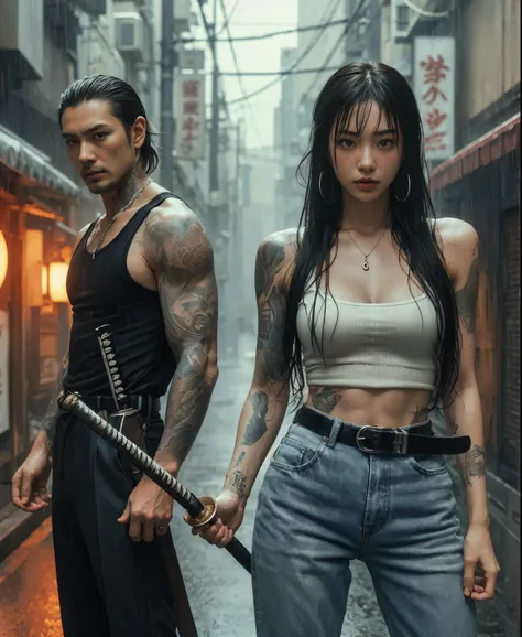 ８ｋ,Realistic Skin Texture、Superrealism、Realistic Photo、Japanese women、、Standing with a Japanese sword in each hand、draw oneself up to ones full height.、The tip of the sword is pointed towards me、Tank top,Oversized jeans、sneakers、Shinjuku Back Alley、Innovat...