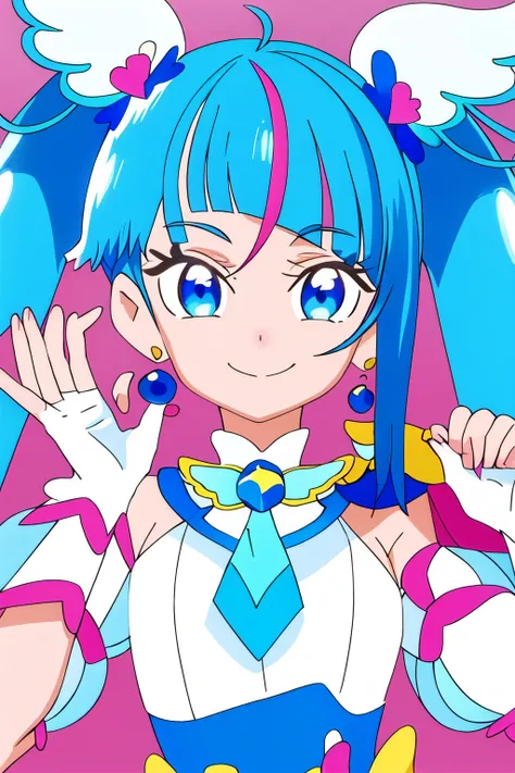 best quality, masterpiece, highres, solo, {cure_sky_hirogaruskyprecure:1.15}, blue_hair, blue_eyes, long_hair, twintails, magical_girl, bangs, open_mouth, pink_hair, multicolored_hair, 1girl, blunt_bangs, close-up, hair_ornament, looking_at_viewer, closed_...