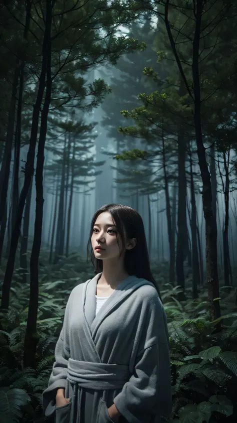 Beautiful girl in a gray robe standing in a dark forest, Magnificent style, Octane Rendering, Desert Composition, Beautiful Face, Surreal, Oil on canvas, Award-winning, masterpiece, Trending on Art Station, Studio Ghibli