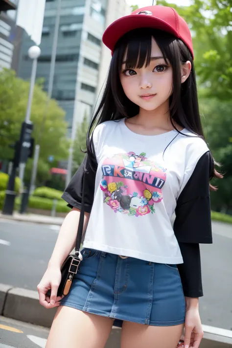 highest quality、Cinematic lighting、Black-haired Pokemon trainer girl、(From the knee up)、((((Lifted mini skirt))))、Belly button、Beautiful thighs、at the park、Laughter、Pokémon print shirt、Pokemon Hats、No sleeve、Bare arms、Bring a Poké Ball、Standing、nsfw0.99