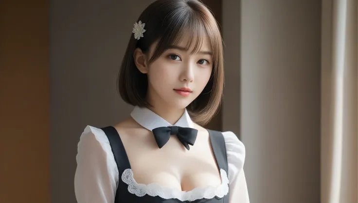 8k, Ultra-high resolution, highest quality, masterpiece, Surreal, photograph, 1 girl, (16 years old:1.3), pretty girl, Cute Face, Beautiful eyes in every detail, 細かくdetailedに,masterpiece,Japan Female Announcer,Dressed in maid uniform,She stood in a sophist...