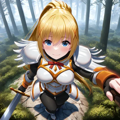 a woman wearing tight black clothing, white armor with orange details, blonde hair, ponytail hair, blue eyes, smiling, holding a...