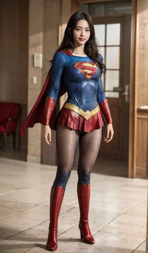 No background、(((Beautiful legs in black tights.)))、(((Legally express the beauty of your smile)))、((((Make the most of your original images)))、(((Body-fitting Supergirl costume)))、(((Supergirl Costume)))、(((Beautiful Hair)))、(((suffering)))、(((Please wear...