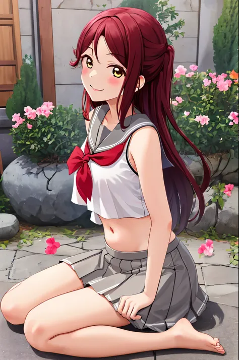 sakurauchi riko, long hair, blush, smile, skirt, sitting, sleeveless, pleated skirt, sitting,wariza, barefoot, serafuku, grey sk...