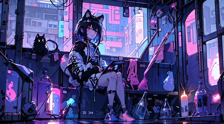 1 girl、solo、Landscape、Cat ear、Black Hair、short hair、bangs、Holding a big black cross、cyber punk、neon、Shorts、large cross、Sitting on the ground、night、cute、illumination、Sitting with legs crossed、Enlarge the whole body、Hanging his head、Left facing、Inside the ro...