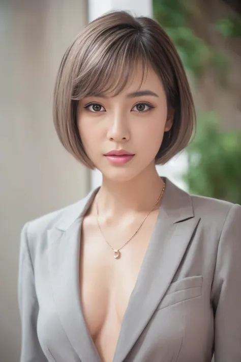 masterpiece, highest quality,One girl,Realistic,30 years old, ((Grey suit)), Wear a shirt, short hair, necklace, Ultra-realistic, eye shadow, eyeliner, Realistic eyes, ((View your viewers)), Detailed face, Sexy Looks, Pink Lips, Even Tone, Natural light