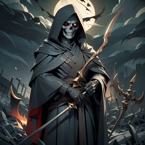 (High Resolution、highest quality、detailed)、Grim Reaper wearing a tattered black cloak and hood、Holding a huge scythe、Standing in a desolate field、Ominous dark clouds looming in the sky、Glowing red eyes、Long bony fingers gripping a sickle、Skeletal face Holl...