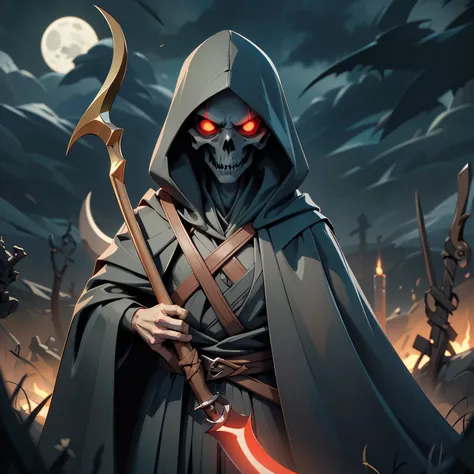 (High Resolution、highest quality、detailed)、Grim Reaper wearing a tattered black cloak and hood、Holding a huge scythe、Standing in a desolate field、Ominous dark clouds looming in the sky、Glowing red eyes、Long bony fingers gripping a sickle、Skeletal face Holl...