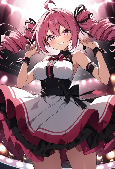 teto kasane, ahoge, pink eyes, Twin drill hair, pink hair, formal dress, live stage, large breasts, 1girl, smile, solo