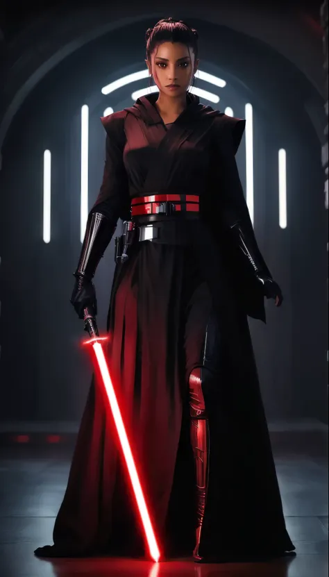 a woman in a black and red robe lightsaber lightsaber lightsaber lightsaber lightsaber lightsaber lightsaber lightsaber, vistiendo uniforme sith negro, Dressed in black Sith robes, jar jar binks as a Lord Sith, sith, Lord Sith. dramatic lighting, Lord Sith...