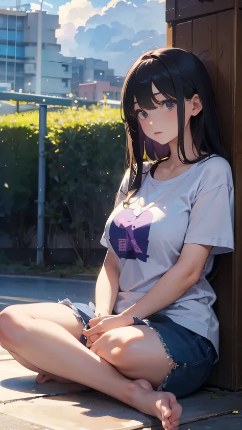 illustration：Ultra-delicate，She has big，25 years old，Wear a purple T-shirt，Loose clothing，Long hair，Mature and stable，big sister，cloudy day，Sitting cross-legged on the floor