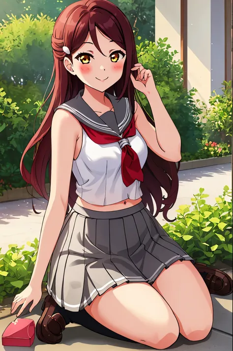 solo,sakurauchi riko, long hair, blush, smile, skirt, sitting, sleeveless, pleated skirt, sitting,wariza, serafuku, grey skirt, ...