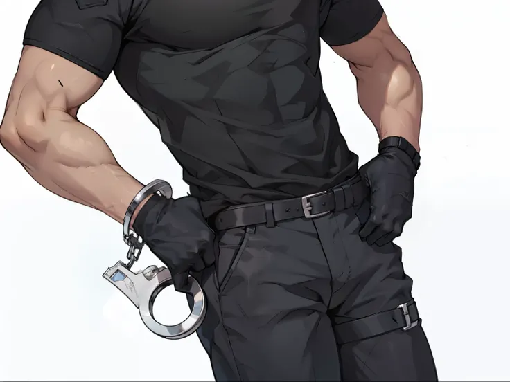 1 man,,Pants,Trousers,belt,Black gloves,cell phone,Handcuffs