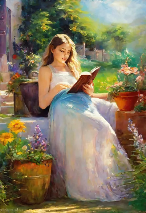 (full body,oil painting) A beautiful girl reading a book in a garden, wearing rich clothes and riding a bike, with detailed facial features, body posture and expression. The girl has stunning detailed eyes, beautiful detailed lips, and very expressive face...