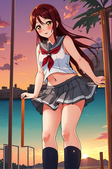 masterpiece,best quality,solo, cowboy shot,sakurauchi riko, long hair, blush, love scene, skirt, sleeveless, pleated skirt, stan...