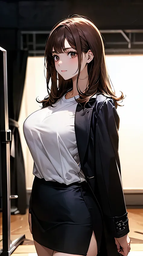 (masterpiece:1.2, Top quality), (Practical, photoPractical:1.4), Nice illustration, (Natural side light, light), 
Looking at the audience, 1 girl, Perfect face, Perfect body, White shirt，Black coat，Black hip skirt，Perfect thighs，Sexy body，Show your thighs，...