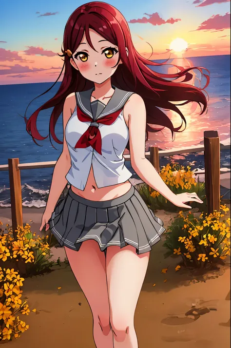 masterpiece,best quality,solo, cowboy shot,sakurauchi riko, long hair, blush, love scene, skirt, sleeveless, pleated skirt, stan...