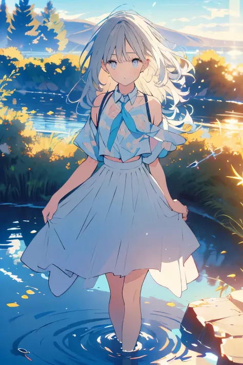 Top quality, masterpiece, ultra high definition, girl, standing, sideways, bottom, light shining through the gap, glowing effect, silver hair, mini skirt, Raindrops, Blue sky after the rain, Water droplets on the viewer