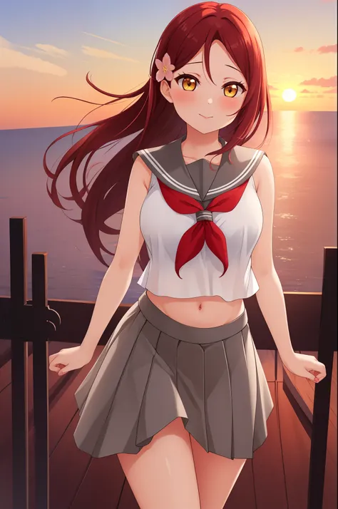 masterpiece,best quality,solo, cowboy shot,sakurauchi riko, long hair, blush, love scene, skirt, sleeveless, pleated skirt, stan...