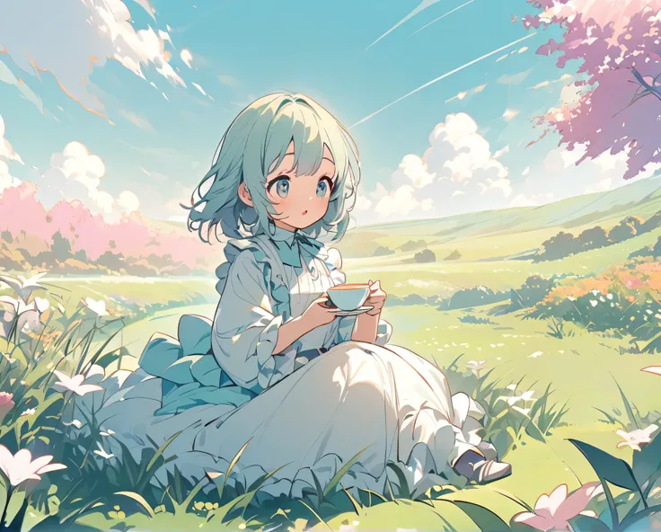 A pastel colored nature where a small lady is having a tea on the grassy field looking at a beautiful surroundings 