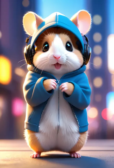 cute hamster，hairy，Wearing a hoodie and headphones, Blurred city background, Cute numbers, 3d rendering, Bright Lights, Vibrant colors,