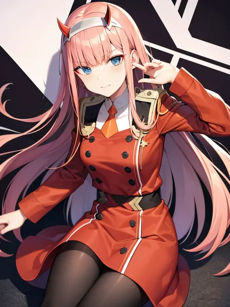 aazero2, long hair, horns, hairband, military uniform, orange necktie, red dress, long sleeves, black pantyhose