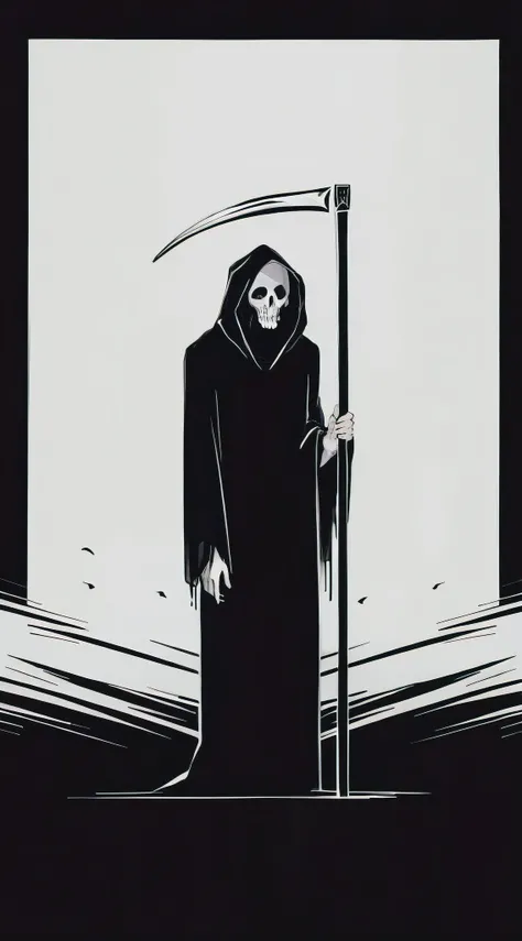 A minimalist, black and white illustration of the Grim Reaper, devoid of any facial features. The Reaper stands tall with a scythe in hand, wearing a long, hooded robe. The background is a simple, stark white space, emphasizing the starkness of the Reapers...