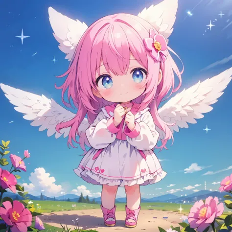masterpiece、highest quality、Highest Resolution, 3D Rendering、The background is pink、From above at an angle、(Are standing:1.5)、Digital Art Style Baby Chibi, Big Head, ベビーPinkの髪,cute瞳,Adorable smile,Esbian all over、Pure、Pinkのロリータファッション、Spread the wings of lo...