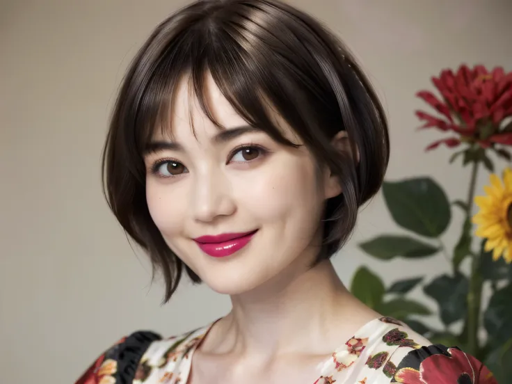 227 (20-year-old woman,Floral costume), (Surreal), (High resolution), ((Beautiful Hairstyles 46)), ((short hair:1.46)), (A kind smile), (Big Breasts:1.1), (lipstick)