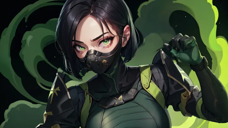 masterpiece, best quality, valorantViper, bodysuit, gloves, belt, thigh boots, respirator, looking at viewer, face, portrait, close-up, glowing eyes, green smoke, black background
