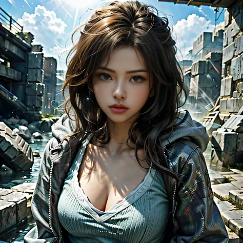 (High resolution、masterpiece:1.2)、Very detailed、(Realistic:1.37)、sf、Adventurer、Explore ancient ruins、Gorgeous detailed face and figure、Ideal ratio、Big Breasts、Beautiful long straight hair tied in a braided ponytail、blonde、(stylish、Holographic Coat:1.4)、Dyn...