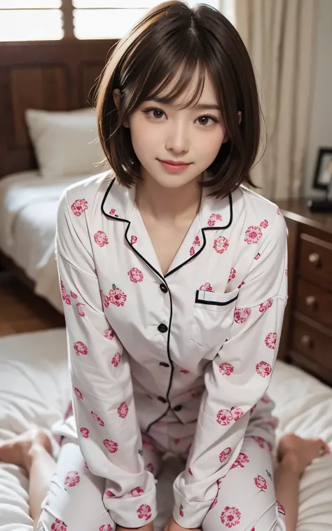 Japanese cute 21 year old、bedroom、pajamas、Attention to detail、double eyelid、Beautiful thin nose、sharp focus:1.2、beautiful woman:1.4、(light brown hair、short hair、)、pure white skin、highest quality、masterpiece、 超High resolution、(Photoreal:1.4)、High resolution...