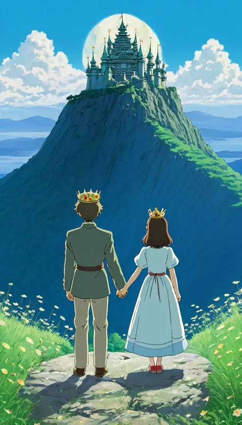 Imagine a prince and princess withi their crown on their head standing together holding their hands and facing mountains in anime: studio ghibli: japanese anime style; vibrante; artstation; high quality