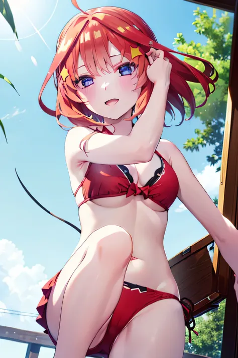 ((One girl)),itsukinakano, Itsuki Nakano, bangs, blue eyes, Hair between the eyes, Ahoge, Redhead, star (symbol), hair ornaments, star hair ornaments,happy smile, smile, Open your mouth,Red Bikini,Real Summer,Daytime,sunny,My hair is blowing in the wind,((...