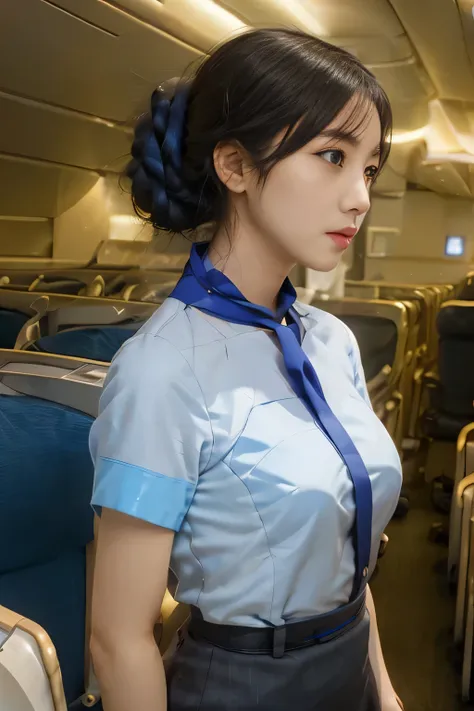 （ana cabincrew uniform）、（short sleeve light blue blouse）、（scarf around the neck）、（long hair updo、chignon）、２５old japanese woman