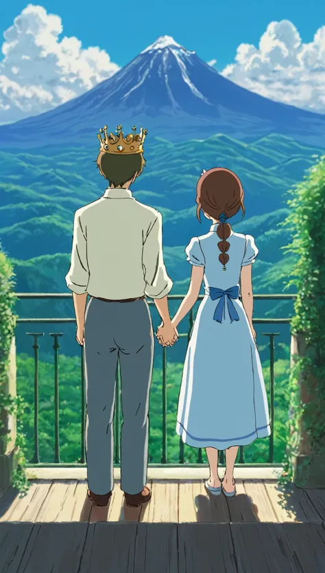 Imagine a prince and princess with their crown on their head standing together holding their hands in their balcony and facing mountains in anime: studio ghibli: japanese anime style; vibrante; artstation; high quality