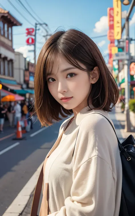 cute 21 year old japanese、amusement park、Clear skies、Light of the sun、Ferris wheel、super detail face、pay attention to details、double eyelid、beautiful thin nose、sharp focus:1.2、Beautiful woman:1.4、(light brown hair,short hair、),pure white skin、highest quali...