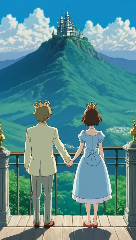 Imagine a prince and princess with their crown on their head standing together holding their hands in their balcony and facing mountains in anime: studio ghibli: japanese anime style; vibrante; artstation; high quality