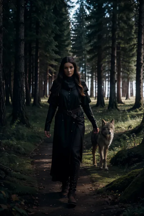 Nordic goddess in dark forest with wolves