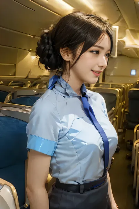 （ana cabincrew uniform）、（short sleeve light blue blouse）、（scarf around the neck）、（long hair updo、chignon）、２５old japanese woman、s...